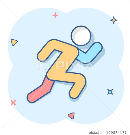 Run people icon in comic style. Jump cartoon vector illustration on white isolated background. Fitness splash effect business concept. Run people icon in comic style. Jump cartoon vector illustration on white isolated background. Fitness splash effect business concept. 109874171