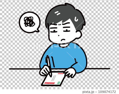 A young man in casual clothes writing a postcard with a troubled look on his face (upper body) A young man in casual clothes writing a postcard with a troubled look on his face (upper body) 109874172