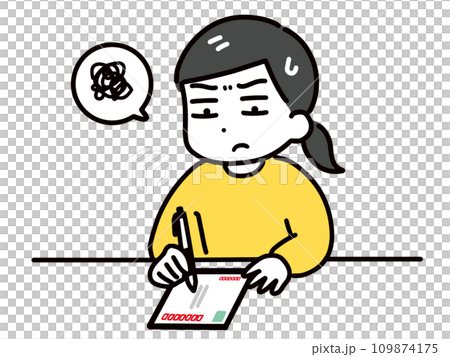 はがきを書くのが面倒な私服の女性 109874175