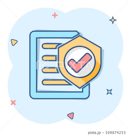 Insurance policy icon in comic style. Report vector cartoon illustration on white isolated background. Document business concept splash effect. 109874253