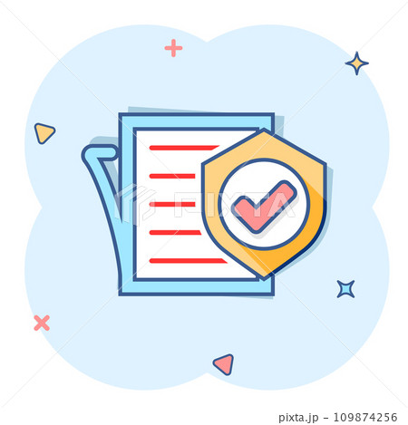 Insurance policy icon in comic style. Report vector cartoon illustration on white isolated background. Document business concept splash effect. 109874256