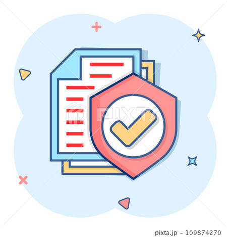 Insurance policy icon in comic style. Report vector cartoon illustration on white isolated background. Document business concept splash effect. Insurance policy icon in comic style. Report vector cartoon illustration on white isolated background. Document business concept splash effect. 109874270
