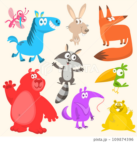 Set forest animals isolated on white background. Cartoon fox bird bunny rabbit horse hamster donkey raccoon ant-eater 109874396
