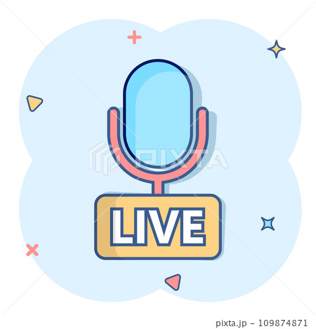 Microphone icon in comic style. Live broadcast vector cartoon illustration on white isolated background. Sound record business concept splash effect. 109874871