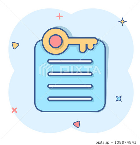 Password account icon in comic style. Keyword cartoon vector illustration on white isolated background. Key combination splash effect business concept. 109874943