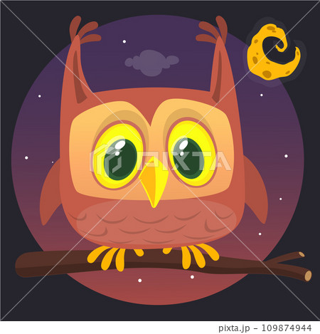 Funny cartoon owl with big eyes. Vector illustration. Design for print, children book illustration or party 109874944