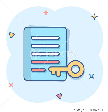 Password account icon in comic style. Keyword cartoon vector illustration on white isolated background. Key combination splash effect business concept. 109874946