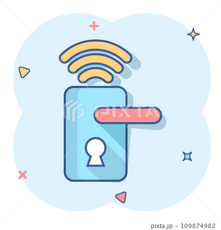 Wireless door lock sign icon in comic style. Smart home vector cartoon illustration on white isolated background. Remote system business concept splash effect. Wireless door lock sign icon in comic style. Smart home vector cartoon illustration on white isolated background. Remote system business concept splash effect. 109874982