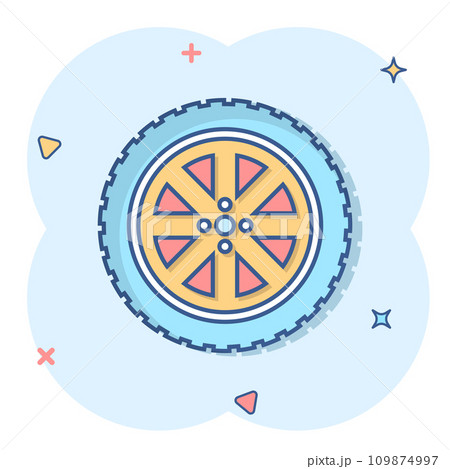 Car wheel icon in comic style. Vehicle part cartoon vector illustration on white isolated background. Tyre splash effect business concept. 109874997