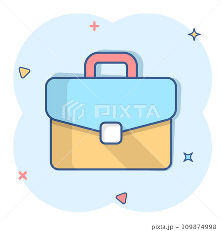 Briefcase sign icon in comic style. Suitcase vector cartoon illustration on white isolated background. Baggage business concept splash effect. 109874998