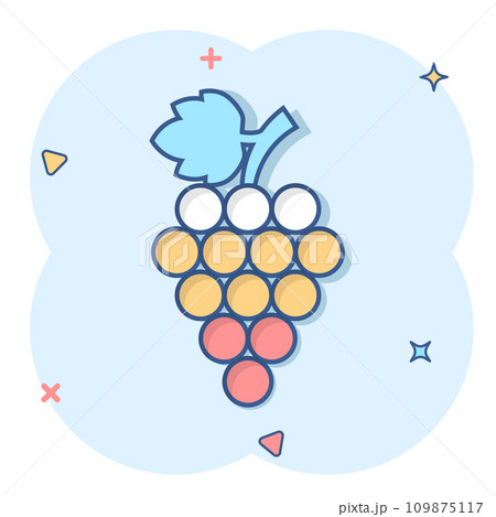 Grape fruits sign icon in comic style. Grapevine vector cartoon illustration on white isolated background. Wine grapes business concept splash effect. 109875117