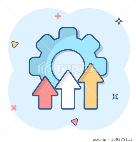 Improvement icon in comic style. Gear project cartoon vector illustration on white isolated background. Productivity splash effect business concept. 109875118
