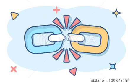 Broken chain sign icon in comic style. Disconnect link vector cartoon illustration on white isolated background. Detach business concept splash effect. Broken chain sign icon in comic style. Disconnect link vector cartoon illustration on white isolated background. Detach business concept splash effect. 109875159