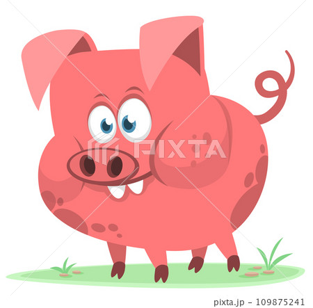 Happy cartoon pig presenting. Farm animals. Illustration of a smiling piggy isolated on white 109875241