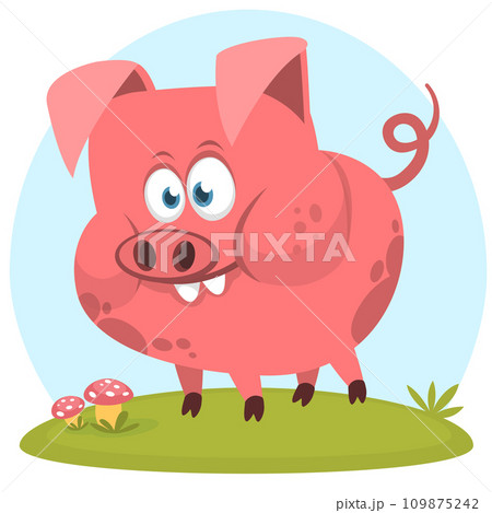 Happy cartoon pig presenting. Farm animals. Illustration of a smiling piggy isolated on white Happy cartoon pig presenting. Farm animals. Illustration of a smiling piggy isolated on white 109875242