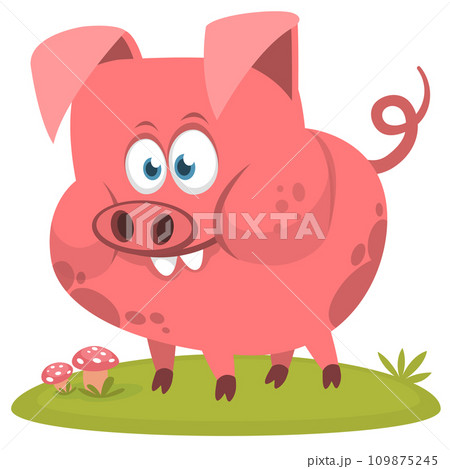 Happy cartoon pig presenting. Farm animals. Illustration of a smiling piggy isolated on white Happy cartoon pig presenting. Farm animals. Illustration of a smiling piggy isolated on white 109875245