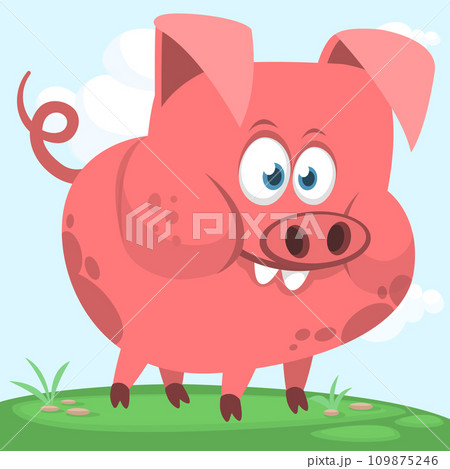 Happy cartoon pig presenting. Farm animals. Illustration of a smiling piggy isolated on white Happy cartoon pig presenting. Farm animals. Illustration of a smiling piggy isolated on white 109875246
