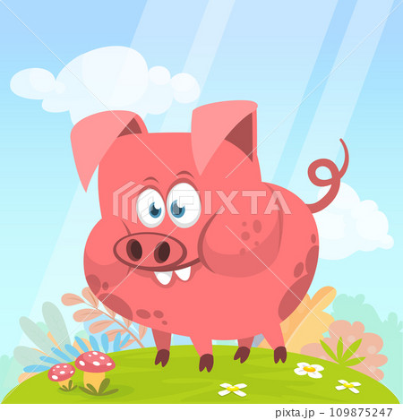 Happy cartoon pig presenting. Farm animals. Illustration of a smiling piggy isolated on white Happy cartoon pig presenting. Farm animals. Illustration of a smiling piggy isolated on white 109875247