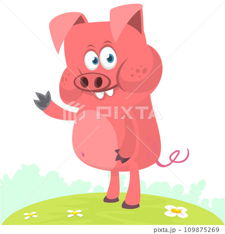 Happy cartoon pig presenting. Farm animals. Illustration of a smiling piggy isolated on white 109875269