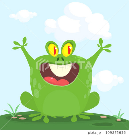 Funny green frog Cartoon character design. Vector illustration isolated 109875636