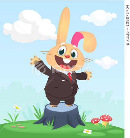 Cartoon funny and happy rabbit standing on the summer meadow on the tree stump. Vector illustration of easter bunny hare Cartoon funny and happy rabbit standing on the summer meadow on the tree stump. Vector illustration of easter bunny hare 109875704