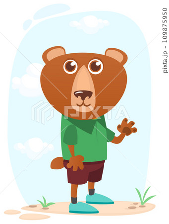 Cartoon funny and happy grizzly bear standing on the summer meadow on the tree stump. Vector illustration 109875950