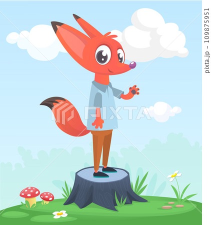 Cartoon funny and happy fox standing on the summer meadow on the tree stump. Vector illustration 109875951