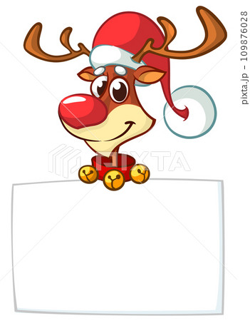 Cartoon funny red nose reindeer holding a blank paper board for Christmas or New Year greetings. Christmas illustration. Vector isolated Cartoon funny red nose reindeer holding a blank paper board for Christmas or New Year greetings. Christmas illustration. Vector isolated 109876028
