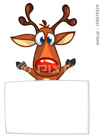 Cartoon funny red nose reindeer holding a blank paper board for Christmas or New Year greetings. Christmas illustration. Vector isolated 109876029