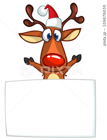 Cartoon funny red nose reindeer holding a blank paper board for Christmas or New Year greetings. Christmas illustration. Vector isolated 109876030