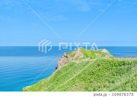 北海道積丹町　有名な観光名所　緑が美しい夏の神威岬 109876378