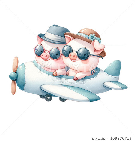 Couple piggy  in airplane watercolor illustration.AI Generate 109876713