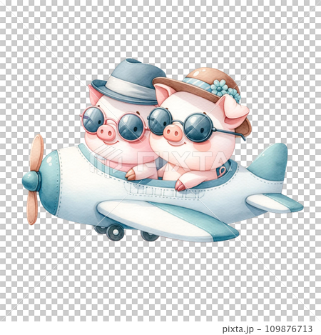 Couple piggy  in airplane watercolor illustration.AI Generate 109876713