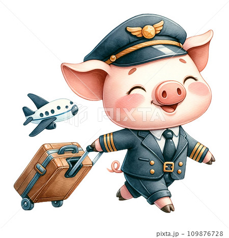 Piggy as pilot dragging rolling suitcase watercolor illustration.AI Generate 109876728