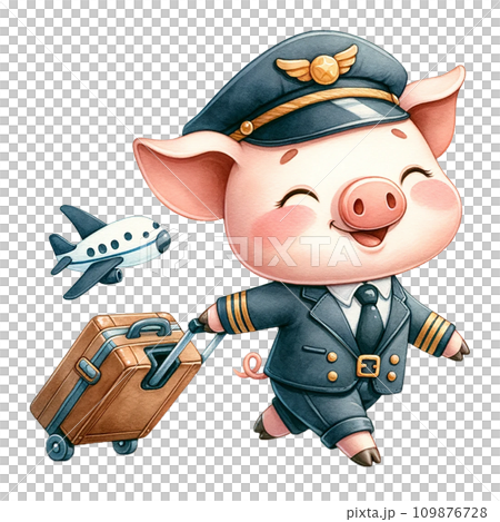 Piggy as pilot dragging rolling suitcase watercolor illustration.AI Generate 109876728