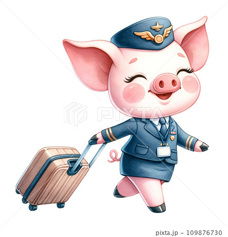 Piggy like as airhostess ,dragging rolling suitcase. watercolor illustration.AI Generate Piggy like as airhostess ,dragging rolling suitcase. watercolor illustration.AI Generate 109876730