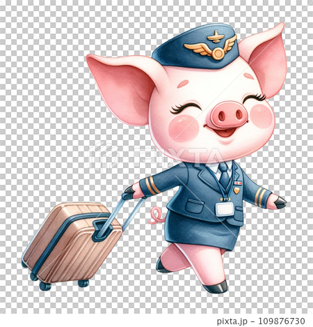Piggy like as airhostess ,dragging rolling suitcase. watercolor illustration.AI Generate Piggy like as airhostess ,dragging rolling suitcase. watercolor illustration.AI Generate 109876730