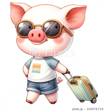 Cute pig in sunglasses with a suitcase watercolor illustration.AI Generate Cute pig in sunglasses with a suitcase watercolor illustration.AI Generate 109876738