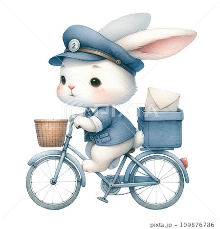 Bunny like a postman sending love envelope by bicycle watercolor illustration . .AI Generate Bunny like a postman sending love envelope by bicycle watercolor illustration . .AI Generate 109876786