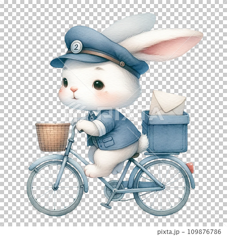Bunny like a postman sending love envelope by bicycle watercolor illustration . .AI Generate Bunny like a postman sending love envelope by bicycle watercolor illustration . .AI Generate 109876786