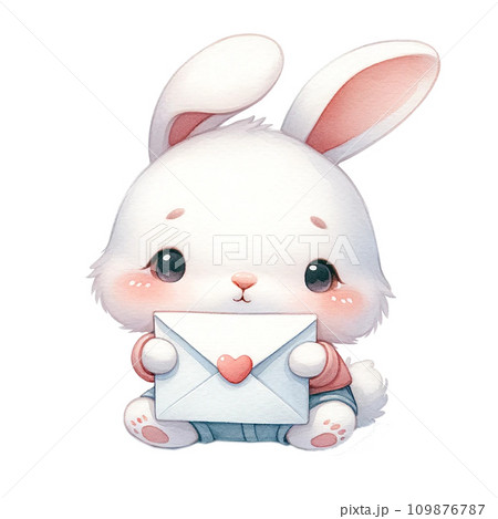 Bunny hold big love envelope watercolor illustration . .AI Generate 109876787
