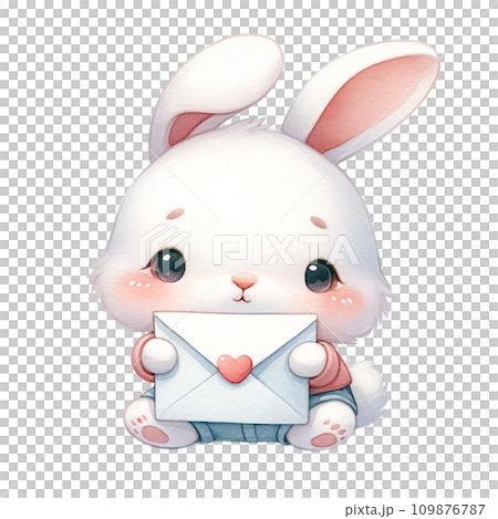 Bunny hold big love envelope watercolor illustration . .AI Generate 109876787
