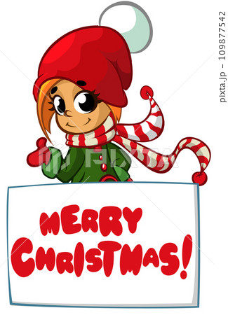 Cartoon funny gnome elf Santa helper holding a blank paper board for Christmas or New Year greetings. Christmas illustration. Vector isolated Cartoon funny gnome elf Santa helper holding a blank paper board for Christmas or New Year greetings. Christmas illustration. Vector isolated 109877542