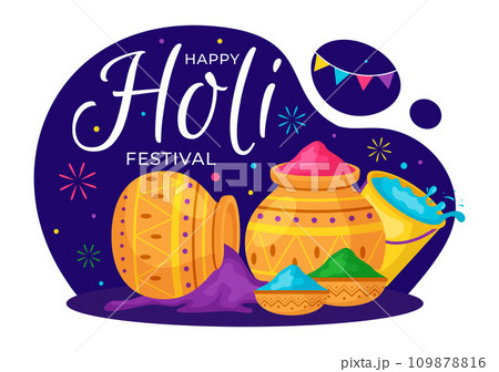 Happy Holi Festival Vector Illustration with Colorful Pot and Powder In Hindi in Colors Celebration Flat Cartoon Background Design 109878816