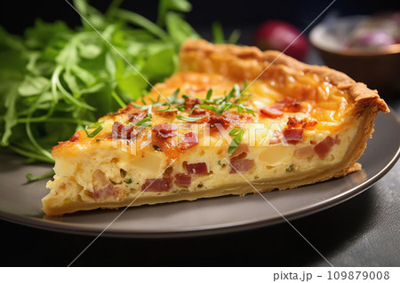 AI-generated content. Gourmet quiche Lorraine with crispy bacon and fresh herbs AI-generated content. Gourmet quiche Lorraine with crispy bacon and fresh herbs 109879008