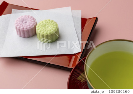 落雁　お茶　緑茶　ゆげ　ピンク 109880160