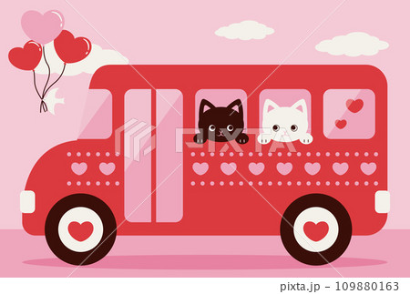 ハートのバスに乗った猫のバレンタインデー向け背景イラスト ハートのバスに乗った猫のバレンタインデー向け背景イラスト 109880163