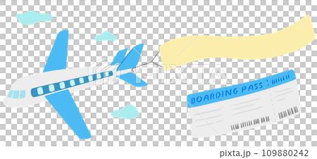 飛行機とバナー空中看板とチケット、かわいいシンプルな手描きイラスト 109880242