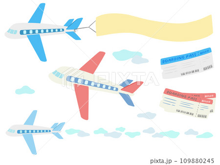 飛行機とバナー空中看板とチケット、かわいいシンプルな手描きイラストセット 109880245