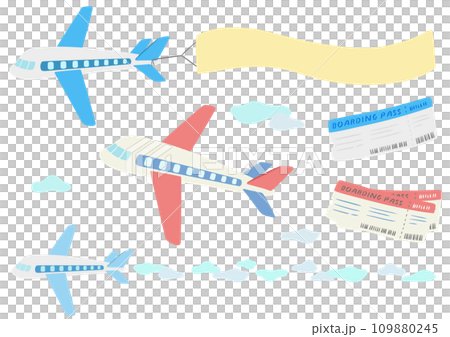 飛行機とバナー空中看板とチケット、かわいいシンプルな手描きイラストセット 109880245